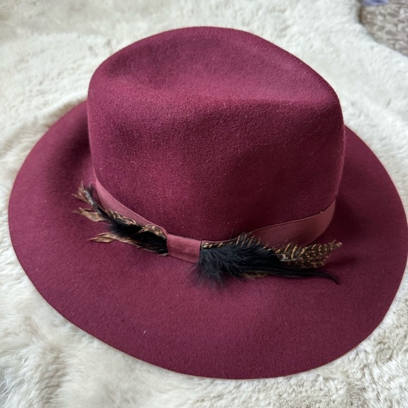 Black Saks Fifth Avenue‎ 90s Wool Fedora Felt Hat Burgundy Feathers One Size - Picture 5 of 9